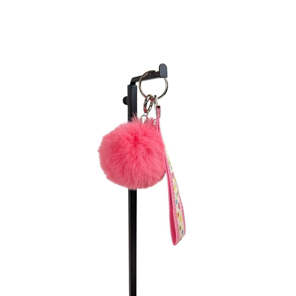 Purse Fob Pink Pompom Keychain Charm Polka Dot Lanyard Wrist Strap Wristlet NEW - Picture 2 of 3